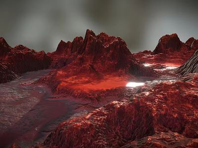 Red Rocky Landscape With Rugged Mountains And Glowing Lava Reflective Surfaces 3d model