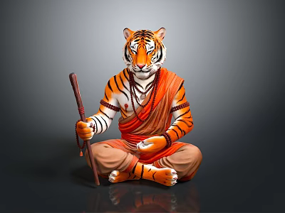 Tiger Figure Sculpture In Sitting Posture With Orange Robe And Staff And Neck Beads Decoration 3d model