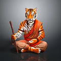Tiger Figure Sculpture In Sitting Posture With Orange Robe And Staff And Neck Beads Decoration