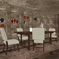 Rustic Dining Table Set With White Upholstered Chairs And Wall Decor On Wooden Floor