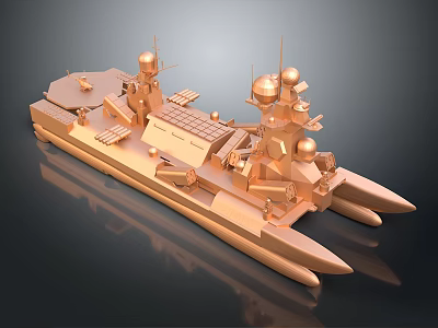 Detailed Bronze Warship Sculpture Model With Deck Antennas And Turrets 3d model