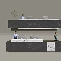 Modern Front Desk Reception With Marble Countertop Staff Computers Green Plant And Decorative Sculpture