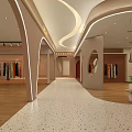 Modern Shopping Mall Lobby With Clothing Stores Hanging Clothes Mannequins Curved Ceiling And Wooden Floors