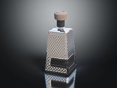 Elegant Metallic Bottle With Wooden Cap Diamond Pattern Label And Reflection On Black Background 3d model