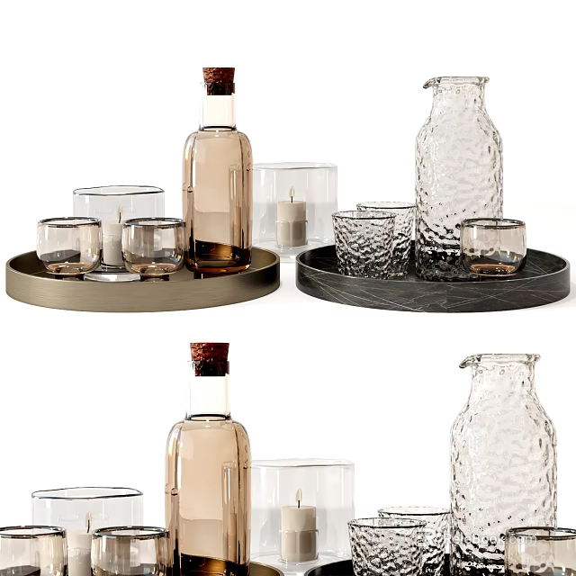 Stylish Glass Cups With Textured Design On Marble And Metal Trays For Home Decor 3d model 