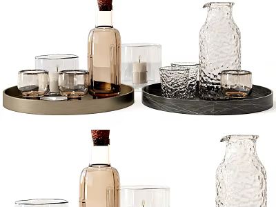 Stylish Glass Cups With Textured Design On Marble And Metal Trays For Home Decor 3d model