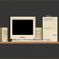 Vintage LITE Desktop Computer Setup With Monitor Keyboard Mouse And Speakers On Orange Platform