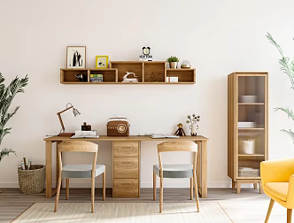 Nordic Desk and Chair Double Desk with Side Cabinet 3d model