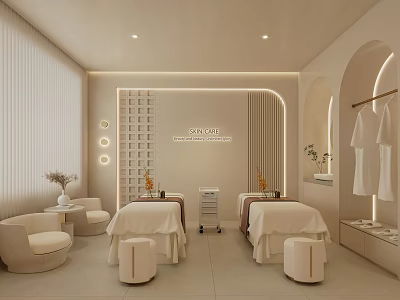 Luxury Modern Hair Beauty Salon Interior With White Sofas Massage Beds Clothing Rack And Plants 3d model