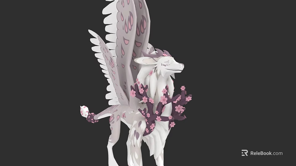 Elegant White Flying Creature With Pink Spotted Wings And Blossom Decorations 3d model 