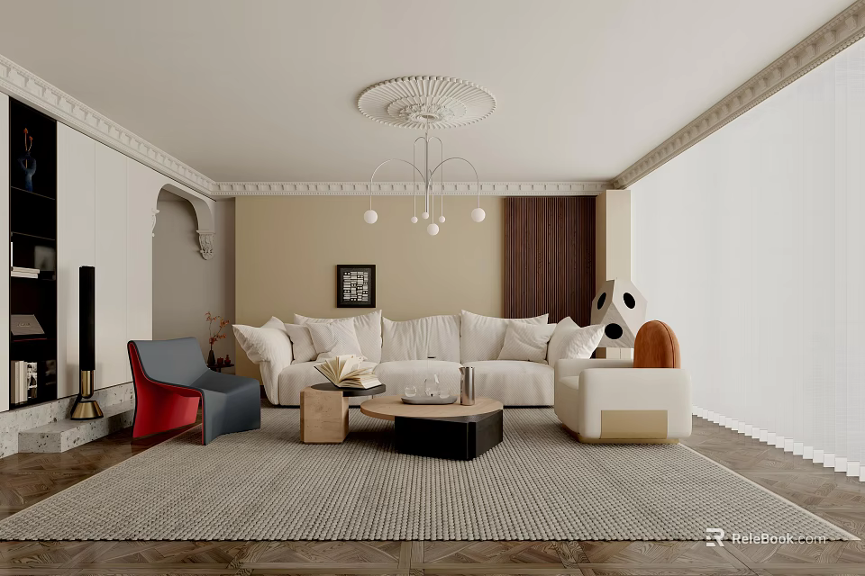 Elegant Modern Living Room Interior With White Sofa Red Blue Chairs Coffee Table And Chandelier 3d model 