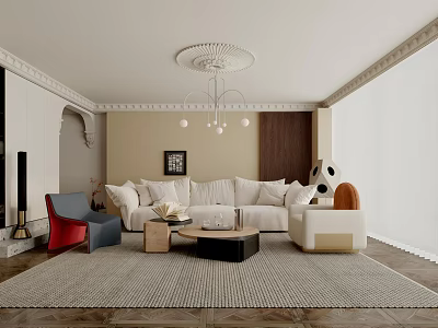 Elegant Modern Living Room Interior With White Sofa Red Blue Chairs Coffee Table And Chandelier 3d model