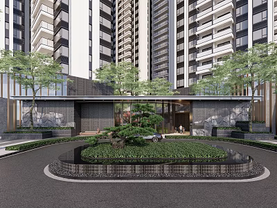Modern High Rise Residential Landscape With Circular Greenery Entrance Trees And Architectural Design 3d model