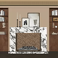 Marble Surround Fireplace With Walnut Bookshelves Framed Art Candles Firewood And Sculptures