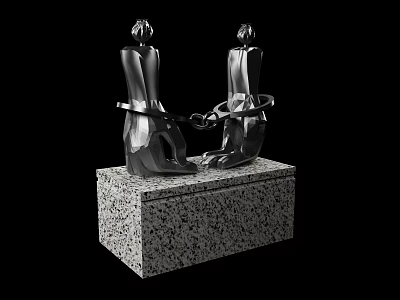 Garden Ornament Black Metal Human Sculptures On Square Speckled Stone Base With Modern Minimalist Design 3d model