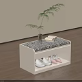 White Shoe Bench With Padded Seat Storage Compartment Green Plant Books On Wooden Floor