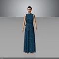 Woman in Dark Blue Sequined Long Dress with Belt Standing Against Gray Background