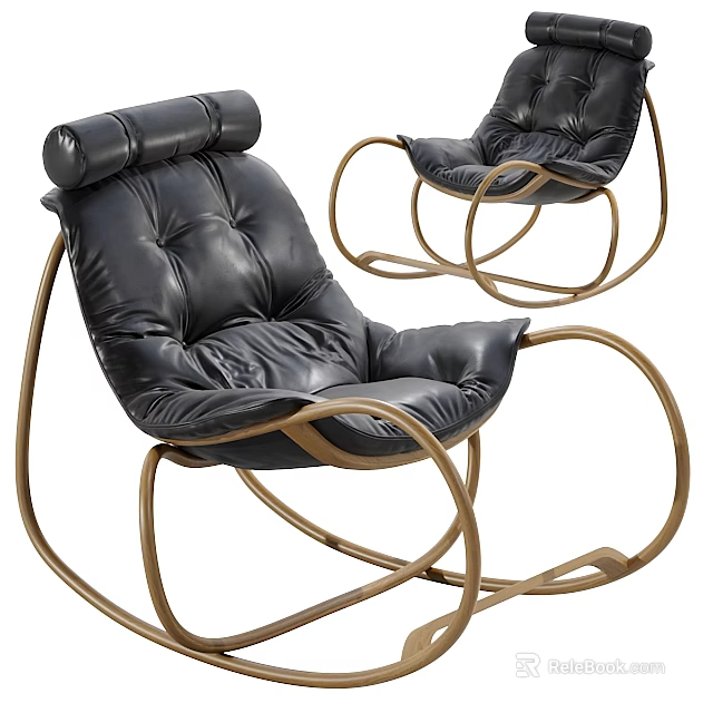 Modern Style Leisure Chair With Black Leather Padded Design And Golden Metal Rocking Frame 3d model 