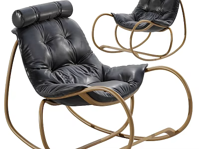 Modern Style Leisure Chair With Black Leather Padded Design And Golden Metal Rocking Frame 3d model