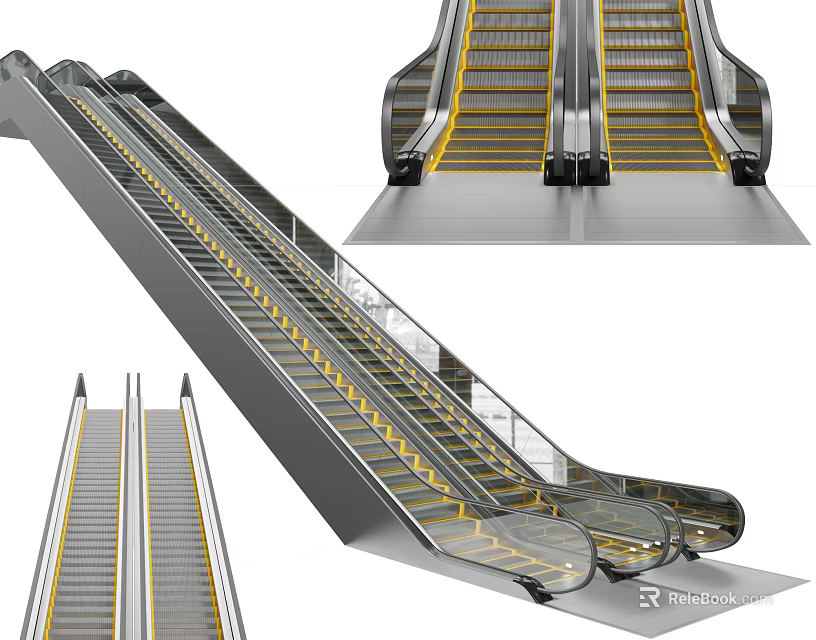 Modern Commercial Escalator With Metal Structure Yellow Stripes And Transparent Handrails 3d model 