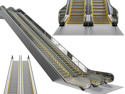 Modern Commercial Escalator With Metal Structure Yellow Stripes And Transparent Handrails 3d model
