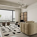 Modern Dining Living Room Interior With Wooden Furniture Large Windows City View And Green Plant