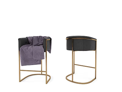 Modern Black Bar Stools with Gold Metal Curved Legs and Purple Throw Blanket 3d model