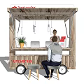 Functional Mobile Vehicle With Wooden Structure Santander Logo Canopy And Customer Seating 3d model