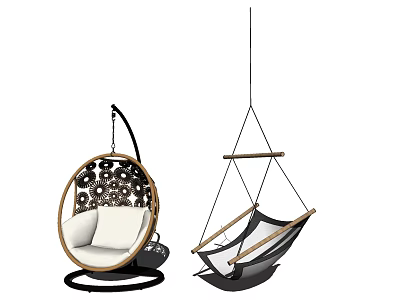 Stylish Hanging Chairs With Wooden Frame Round Design And Hammock Style Cushion Details 3d model