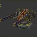 Futuristic Dual Barrel Weapon With Black Yellow Purple Orange Stripes Warning Stripes And Circular Base