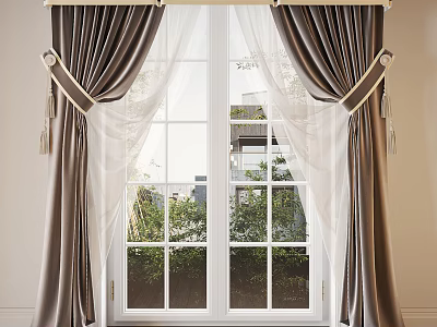 Brown Satin Curtains With White Sheer Layers And Tassel Tiebacks For Window View 3d model