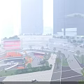 Modern Commercial Complex With Tall Glass Buildings Open Plaza Pedestrians Greenery Vibrant Urban Atmosphere