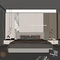 Modern Bedroom Interior With Comfortable Bed Hanging Lights Nightstands And Wall Decor