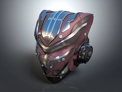 Futuristic Armored Helmet Featuring Mechanical Design Metallic Red Silver Finish And Detailed Components 3d model