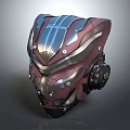 Futuristic Armored Helmet Featuring Mechanical Design Metallic Red Silver Finish And Detailed Components