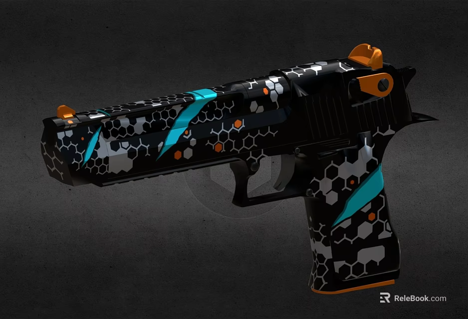Unique Handgun Design With Black Base Honeycomb Pattern Blue And Orange Accents 3d model 