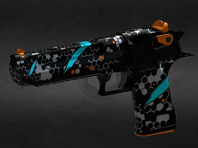 Unique Handgun Design With Black Base Honeycomb Pattern Blue And Orange Accents 3d model