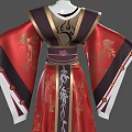 Elegant Traditional Chinese Costume On Mannequins With Red Brown Floral Patterns And Front Back Views