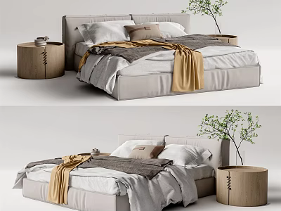 Modern Double Bed Setup With White Bedding Gray Blanket Wooden Nightstands And Green Plant 3d model