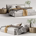 Modern Double Bed Setup With White Bedding Gray Blanket Wooden Nightstands And Green Plant