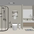 Modern Bathroom Interior with Glass Shower Enclosure Toilet Vanity Mirror Shelves and Window Blinds
