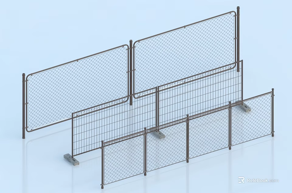 Durable Metal Mesh Fencing Construction Components With Steel Panels And Base Supports 3d model 