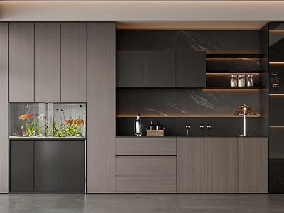 Modern Gray Wooden Sideboard With Aquarium Green Plants And Black Backdrop Shelves 3d model