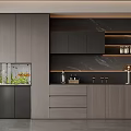 Modern Gray Wooden Sideboard With Aquarium Green Plants And Black Backdrop Shelves