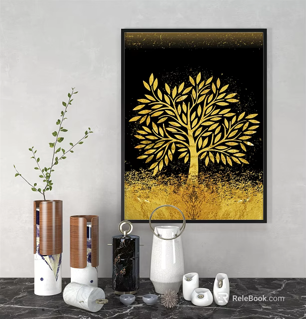 Modern Golden Tree Wall Art With Black Background And Decorative Items 3d model