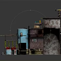 Rustic Multi Layered Building with Blue Water Tank Wooden Crates Plants Awnings and Windmill