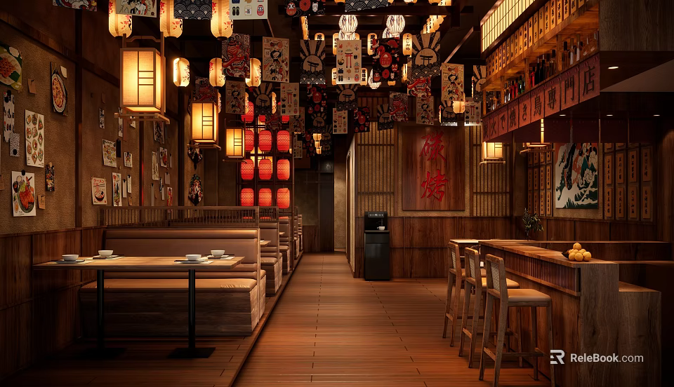 Traditional Bar Interior With Hanging Lanterns Decorative Paintings Wooden Floor And Bar Counter 3d model 