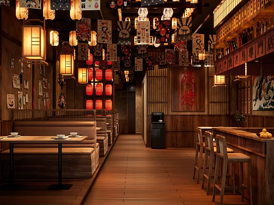 Traditional Bar Interior With Hanging Lanterns Decorative Paintings Wooden Floor And Bar Counter 3d model