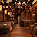 Traditional Bar Interior With Hanging Lanterns Decorative Paintings Wooden Floor And Bar Counter