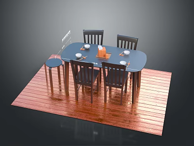 Modern Dining Furniture With Oval Table Four Dark Chairs Small Stool Wooden Floor And Tableware 3d model